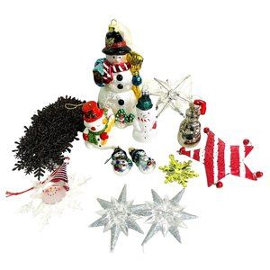 28 Christmas Ornaments Snow Theme & Bells Snowman Snowflakes Stars 28 pc lot